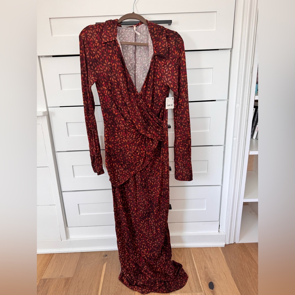 Free People Elegant Red Patterned Wrap Dress